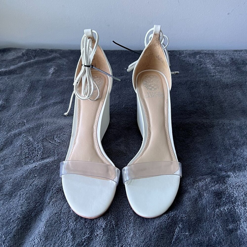 Vince Camuto Stassia White Leather Clear Strap Lace Up Wedge Sandals 8.5M
